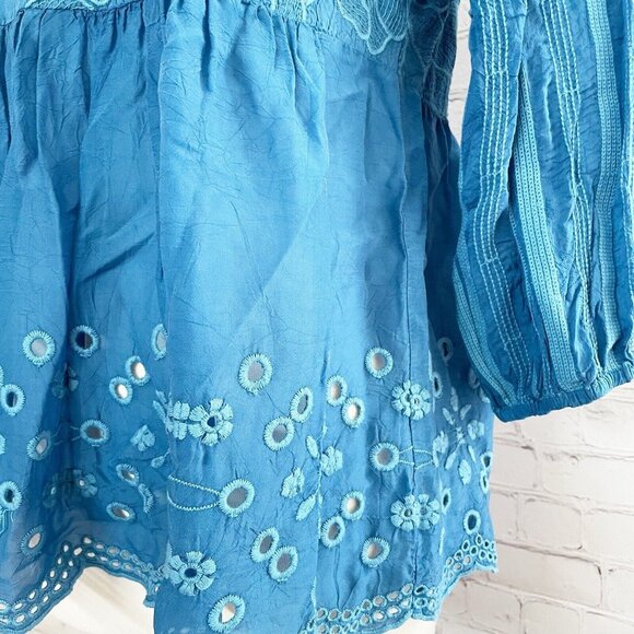 Johnny Was Gracie Latitude Blouse Women’s S Blue Embroidered Eyelet Lace Peasant - Picture 3 of 6